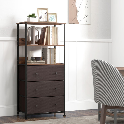 Rustic Brown 3-Drawer Fabric Storage Cabinet with Open Shelves