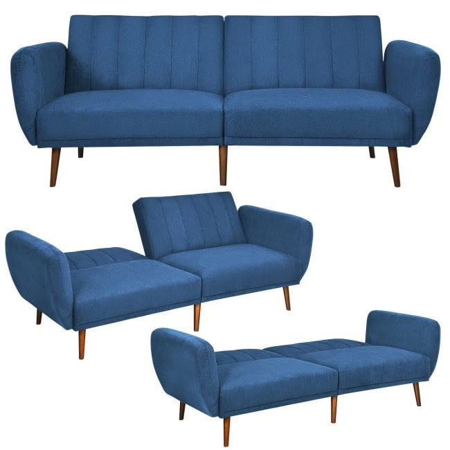 Modern Blue Linen Upholstered Sofa Bed with Wooden Legs