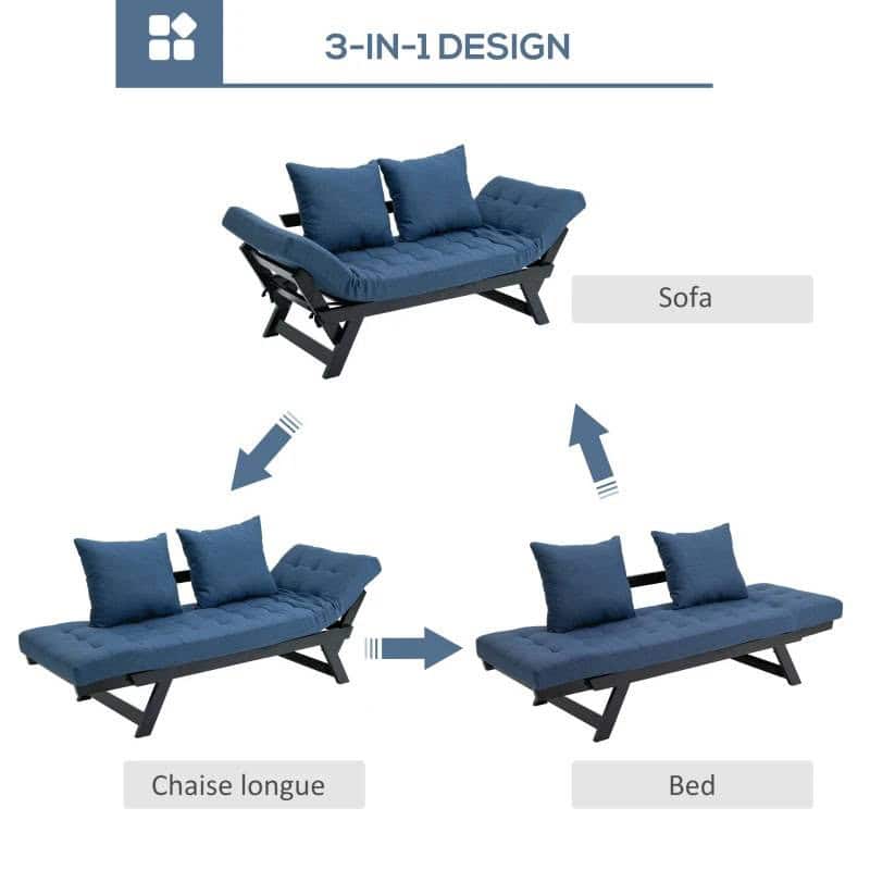 Convertible Navy Black Sofa Chaise Lounger Bed with Pillows - Image 3