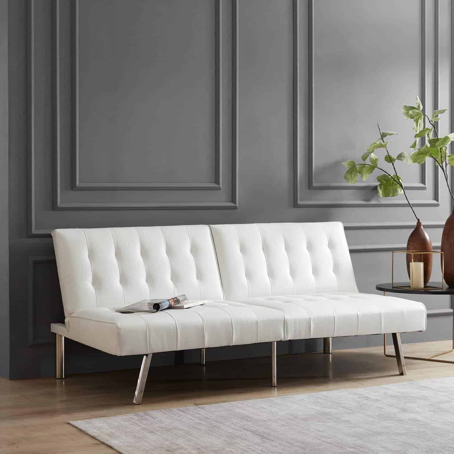 Mid-Century Modern White Faux Leather Futon Sofa Bed