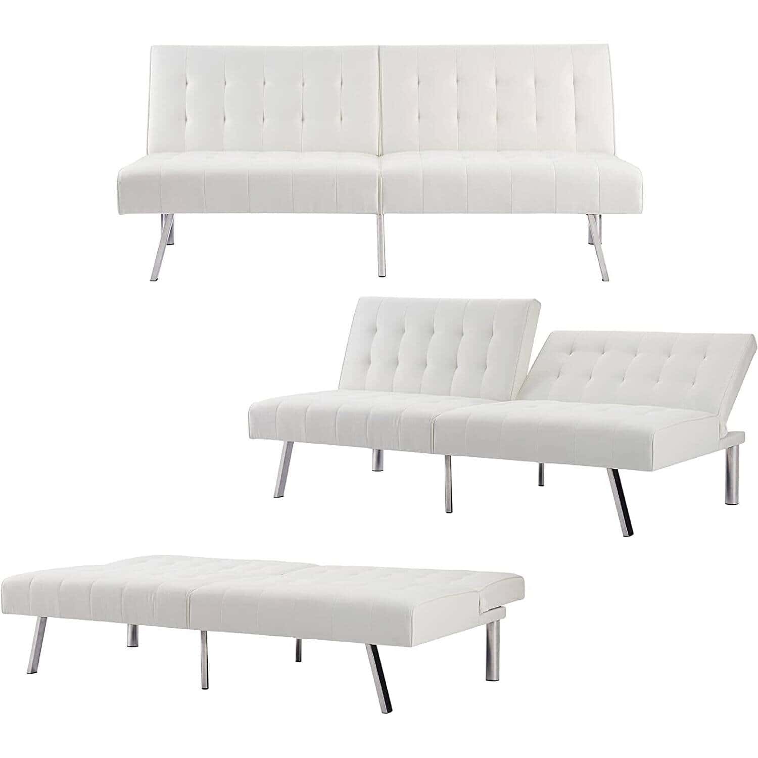 Mid-Century Modern White Faux Leather Futon Sofa Bed