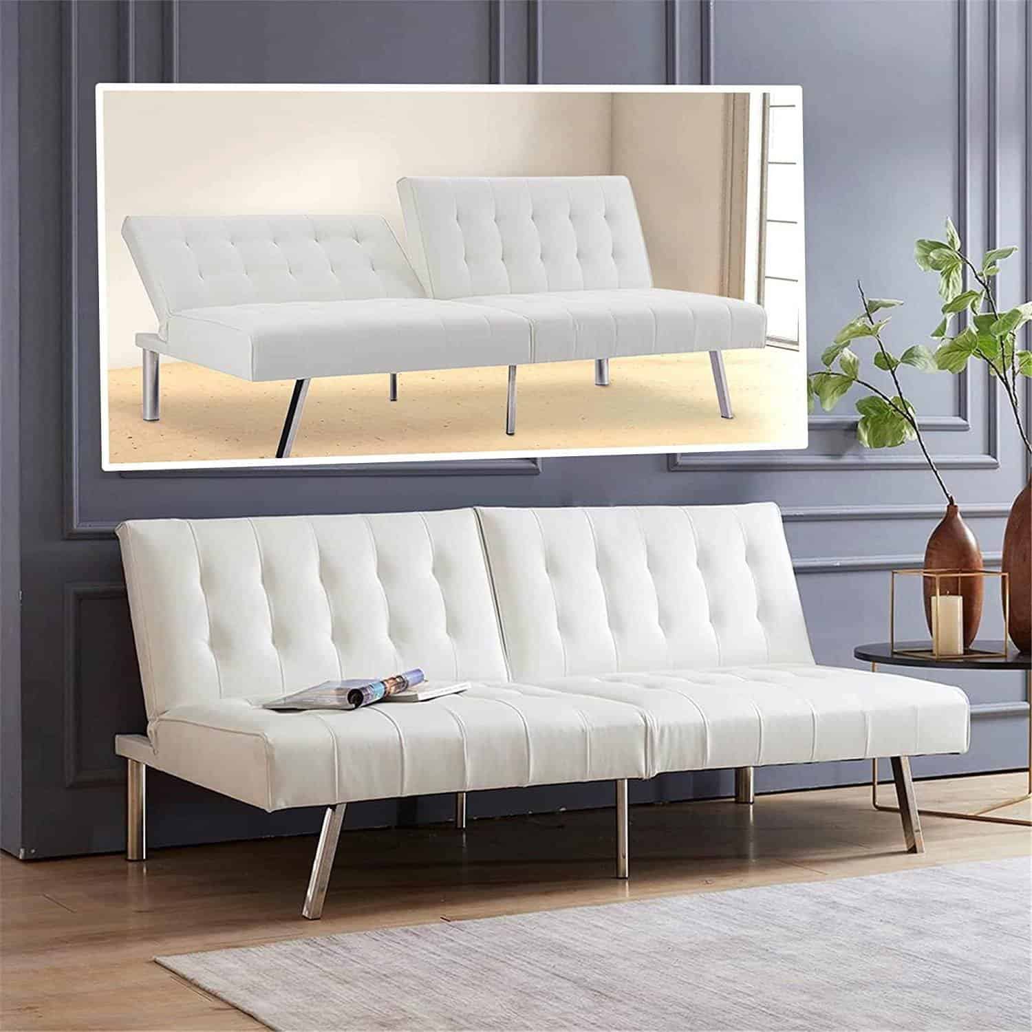 Mid-Century Modern White Faux Leather Futon Sofa Bed