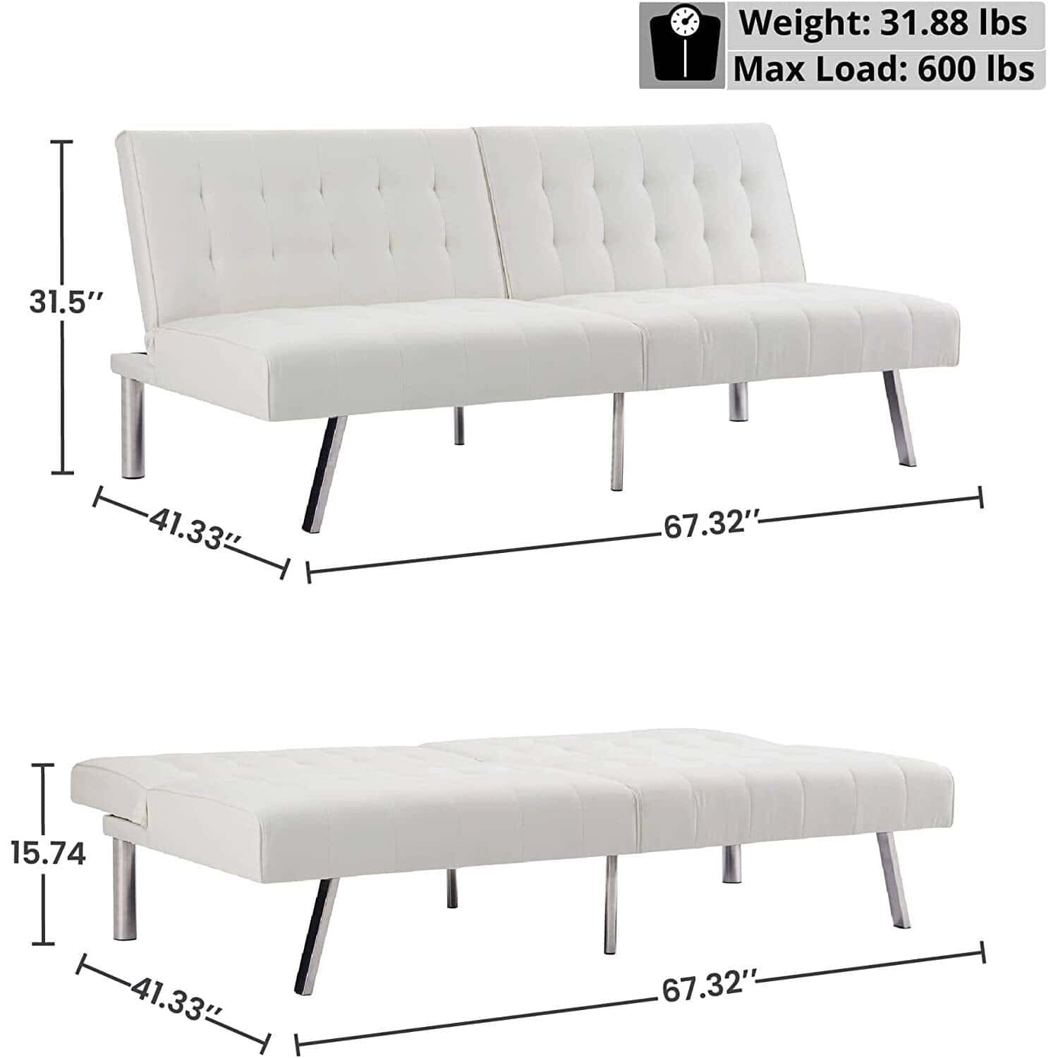 Mid-Century Modern White Faux Leather Futon Sofa Bed