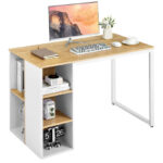 Rustic Brown Computer Desk with Shelves and Metal Frame