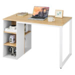 Rustic Brown Computer Desk with Shelves and Metal Frame