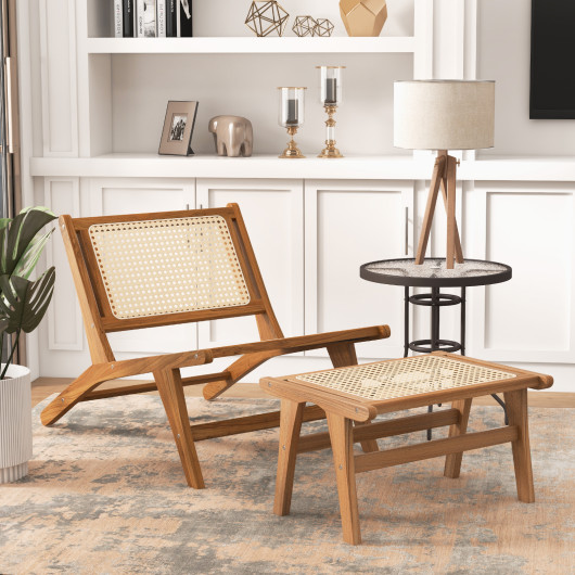 Teak Wood Foot Rest with Handwoven Rattan Surface