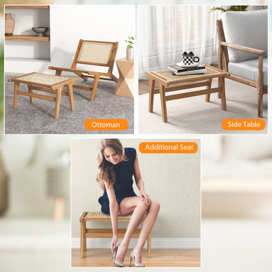 Teak Wood Foot Rest with Handwoven Rattan Surface
