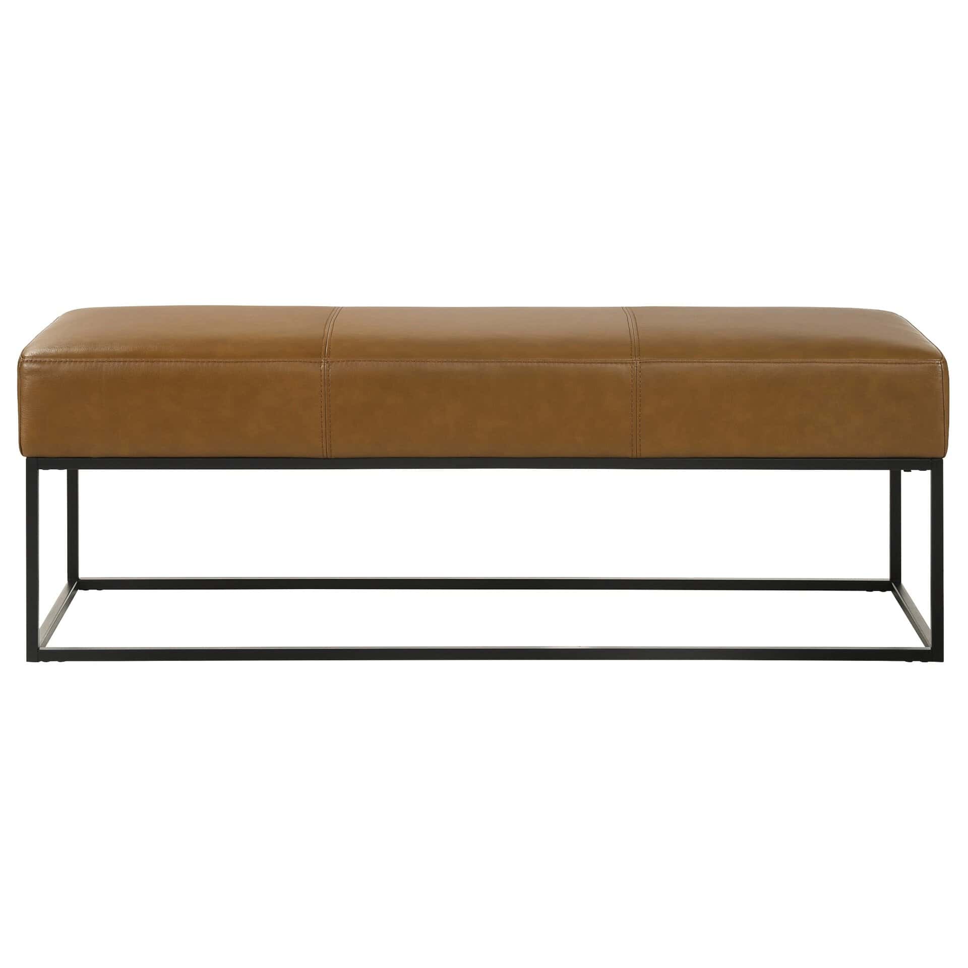 Mid-Century Modern Tan Leather Bench with Metal Frame