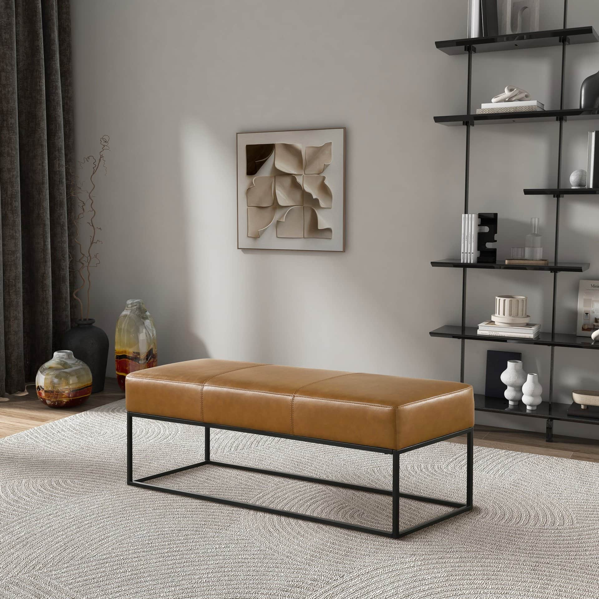 Mid-Century Modern Tan Leather Bench with Metal Frame