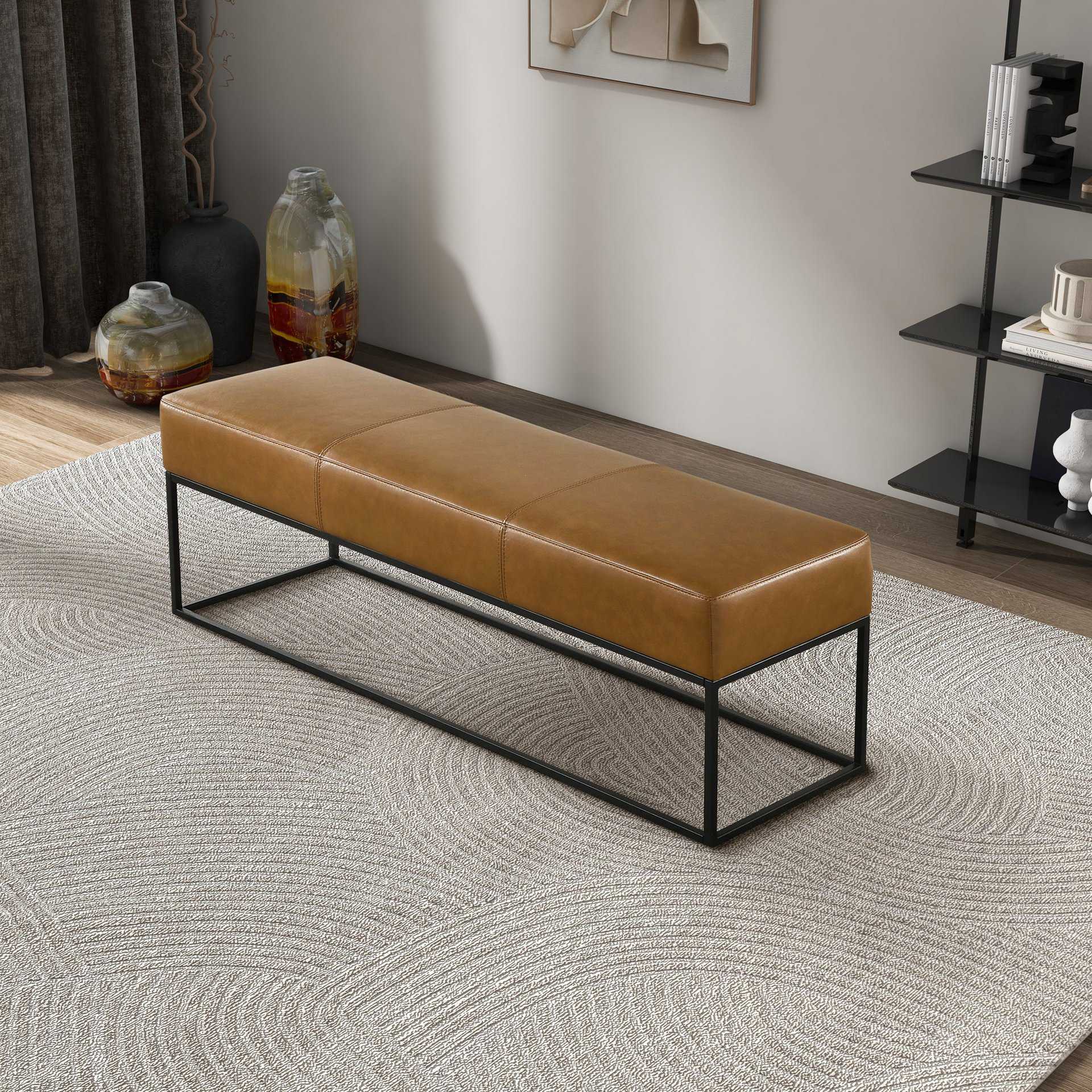 Mid-Century Modern Tan Leather Bench with Metal Frame