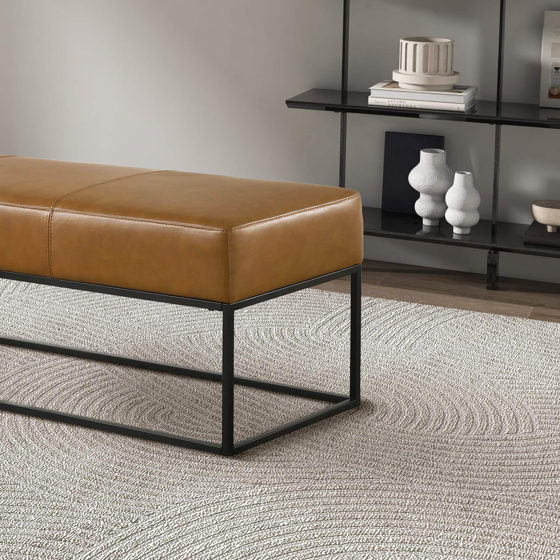 Mid-Century Modern Tan Leather Bench with Metal Frame
