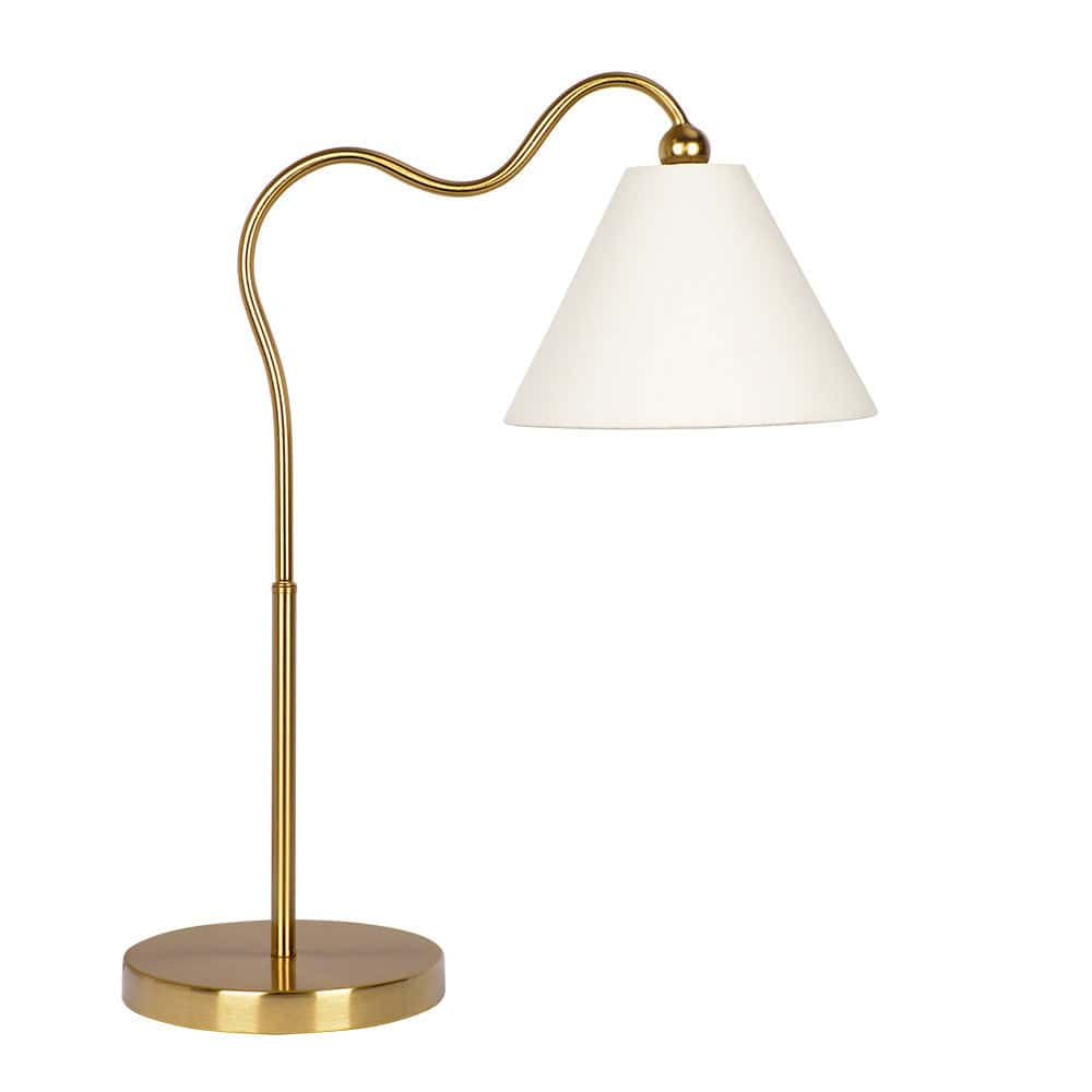 Brass Metal Curved Table Lamp with White Drum Shade