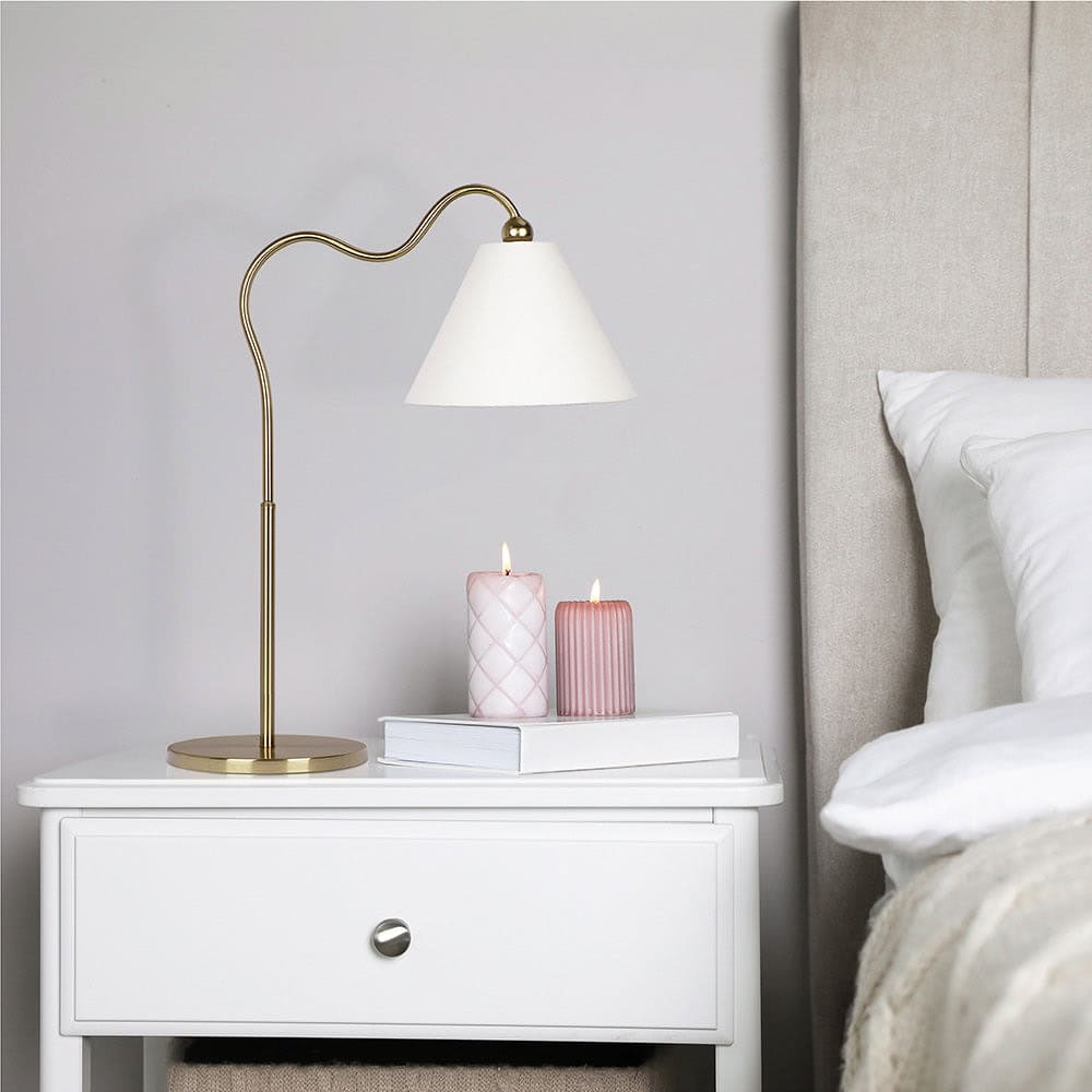 Brass Metal Curved Table Lamp with White Drum Shade
