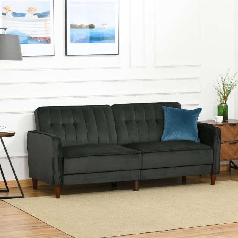 Mid-Century Modern Black Velvet Futon Sleeper Sofa Bed