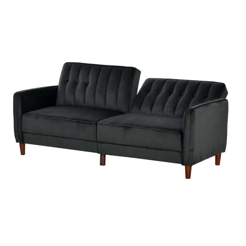 Mid-Century Modern Black Velvet Futon Sleeper Sofa Bed