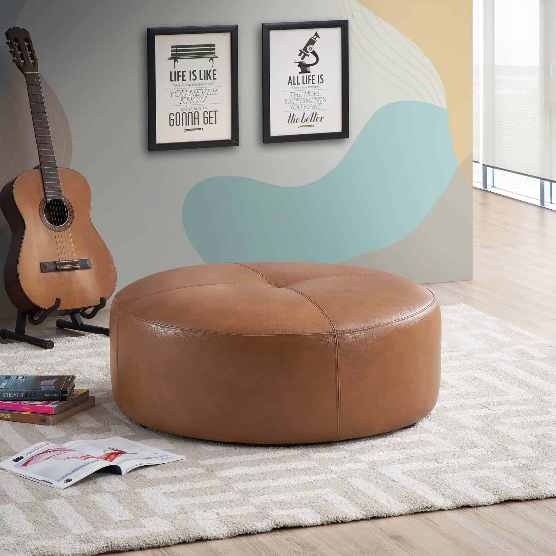 Tan Leather Mid-Century Ottoman for Living Room or Dining Area