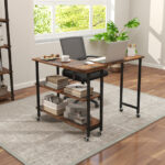 Rotating Sofa Side Table with Shelves and Lockable Casters
