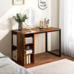 Rustic Brown Computer Desk with Shelves and Metal Frame