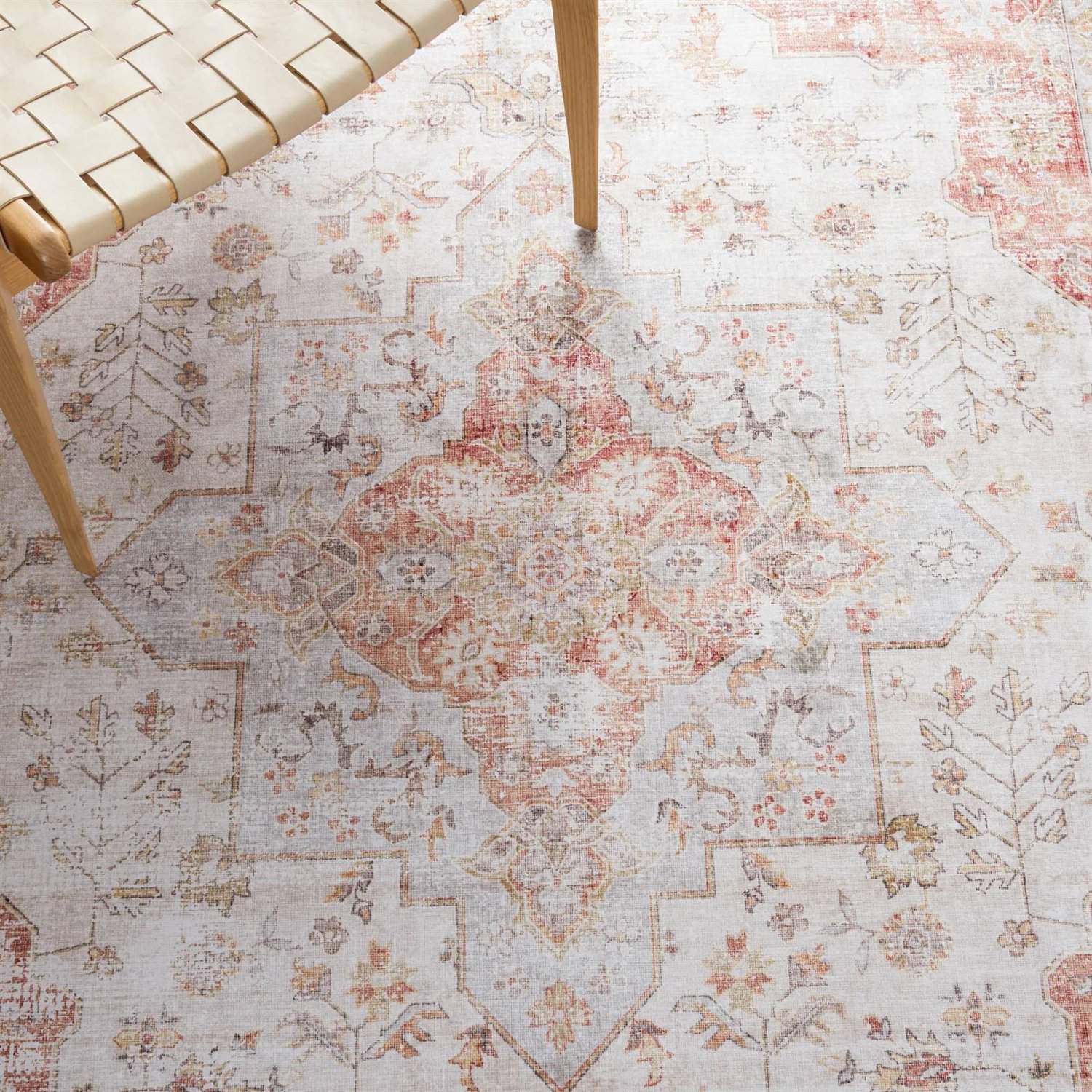Washable Persian Style Boho Area Rug Light Gray Rust Red