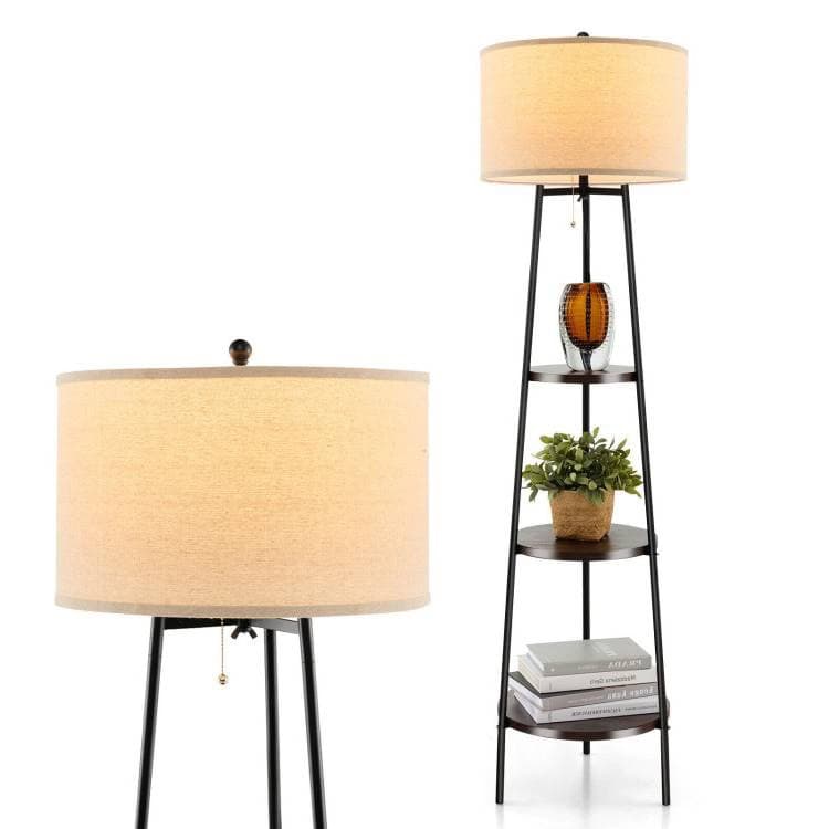 Modern Floor Lamp with 3-Tier Shelf and Linen Shade