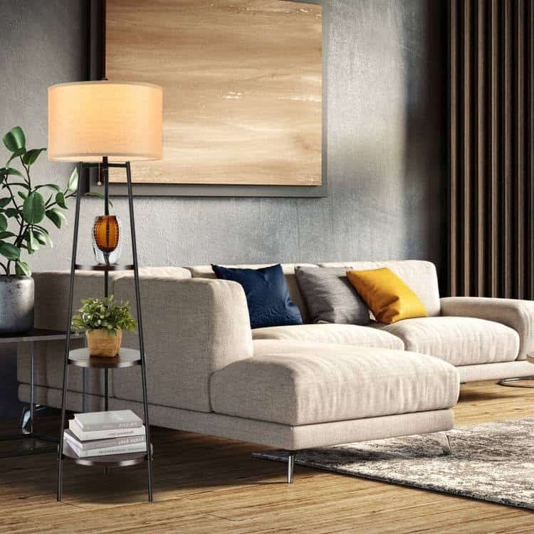 Modern Floor Lamp with 3-Tier Shelf and Linen Shade - Image 2