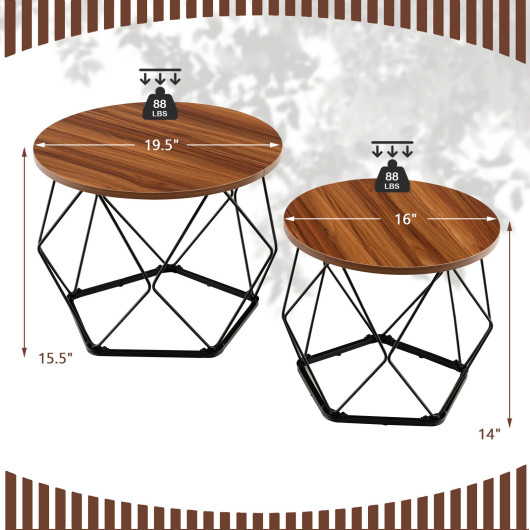Rustic Round Coffee Tables with Steel Base (Set of 2)
