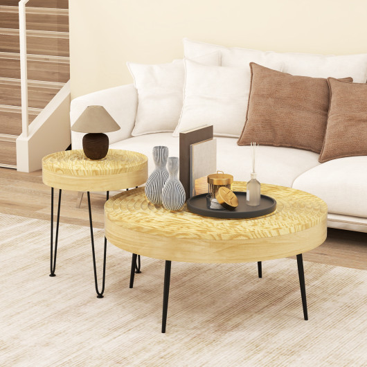 Rustic Round Coffee Tables with Pine Wood Top and Metal Frame (Set of 2)