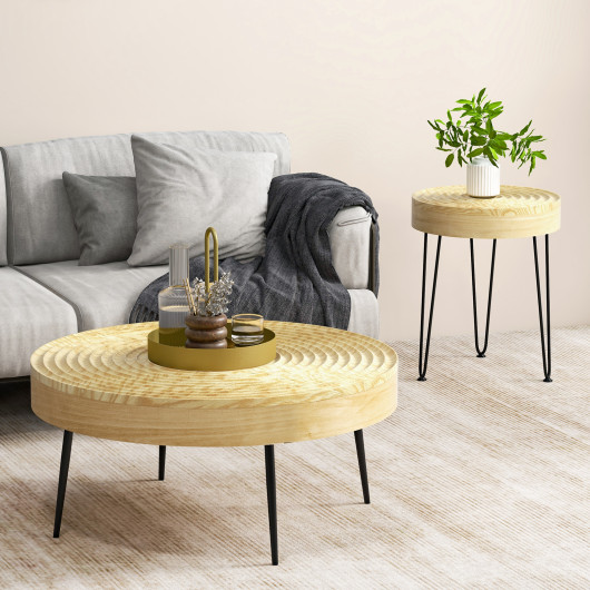Rustic Round Coffee Tables with Pine Wood Top and Metal Frame (Set of 2)