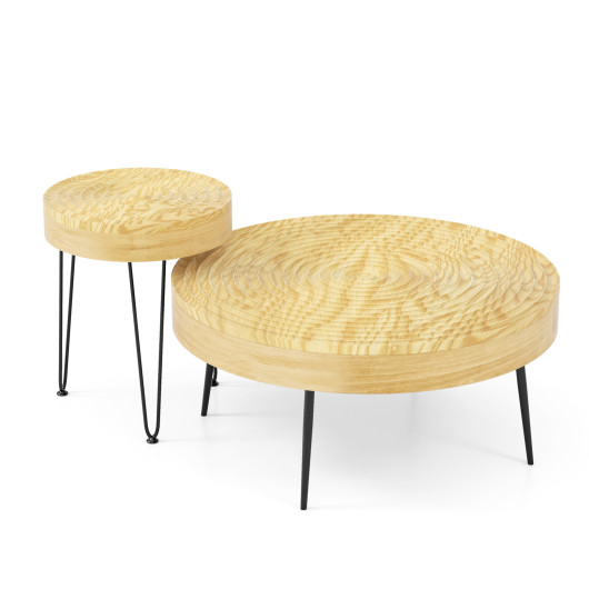 Rustic Round Coffee Tables with Pine Wood Top and Metal Frame (Set of 2)