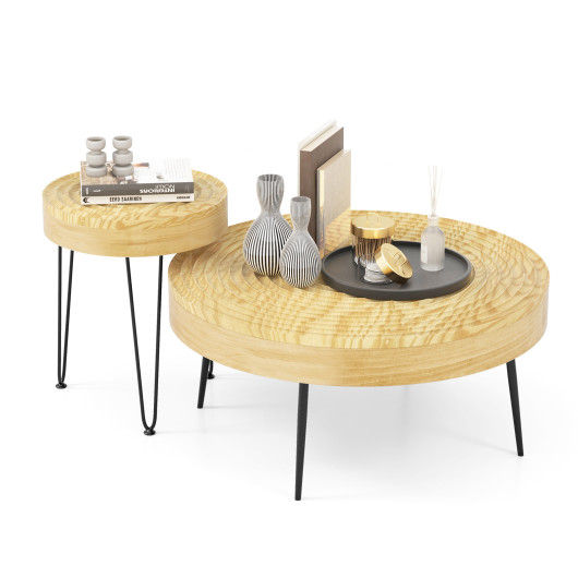 Rustic Round Coffee Tables with Pine Wood Top and Metal Frame (Set of 2)