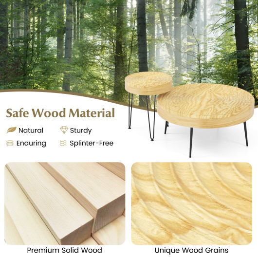 Rustic Round Coffee Tables with Pine Wood Top and Metal Frame (Set of 2)