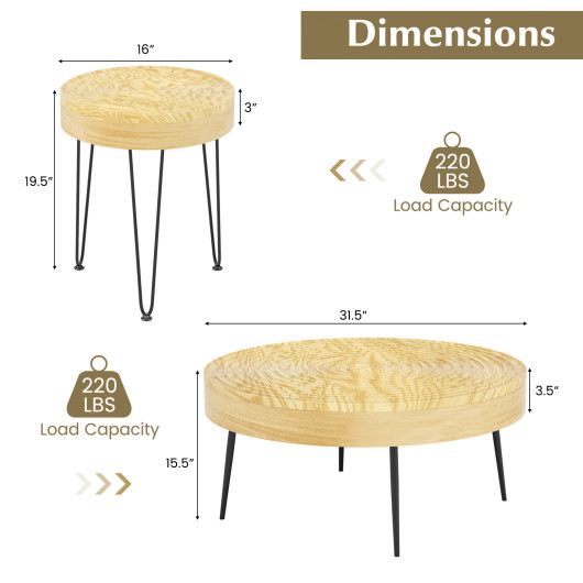 Rustic Round Coffee Tables with Pine Wood Top and Metal Frame (Set of 2)