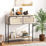 Boho Rattan Console Table with Drawers and Storage Shelf