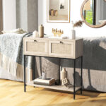 Boho Rattan Console Table with Drawers and Storage Shelf