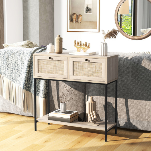 Boho Rattan Console Table with Drawers and Storage Shelf - Image 2
