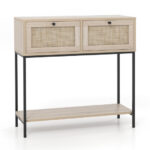 Boho Rattan Console Table with Drawers and Storage Shelf