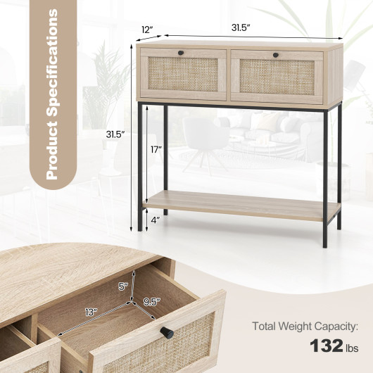 Boho Rattan Console Table with Drawers and Storage Shelf - Image 5
