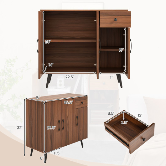 Walnut Sideboard Cabinet with Adjustable Shelves and Drawer