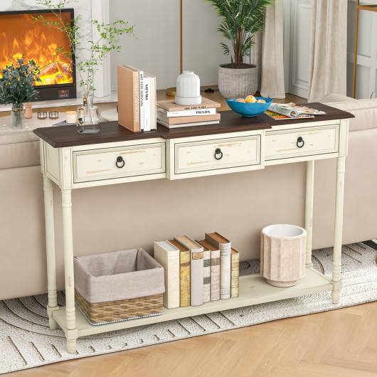 Rustic Farmhouse Console Table with Drawers and Open Storage Shelf