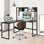 Space-Saving L-Shaped Corner Desk with Hutch and Footrest Bars