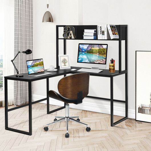 Space-Saving L-Shaped Corner Desk with Hutch and Footrest Bars - Image 13