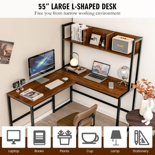 Space-Saving L-Shaped Corner Desk with Hutch and Footrest Bars - Image 16