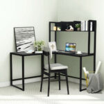 Space-Saving L-Shaped Corner Desk with Hutch and Footrest Bars