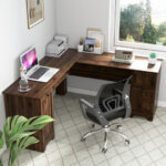 Space-Saving L-Shaped Desk with Drawers, Keyboard Tray, and Cabinet