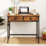 Rustic Brown Home Office Desk with Drawers and Hanging Hooks