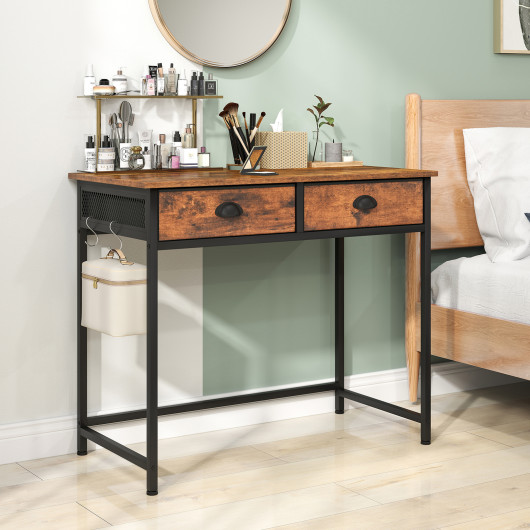 Rustic Brown Home Office Desk with Drawers and Hanging Hooks - Image 2