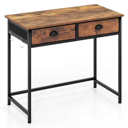 Rustic Brown Home Office Desk with Drawers and Hanging Hooks - Image 3