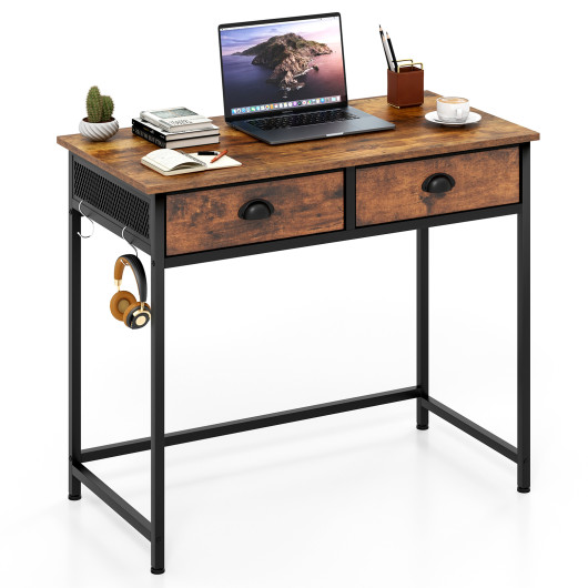 Rustic Brown Home Office Desk with Drawers and Hanging Hooks - Image 4