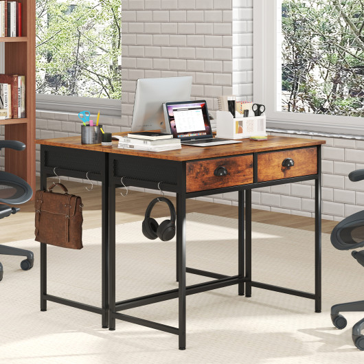 Rustic Brown Home Office Desk with Drawers and Hanging Hooks - Image 7