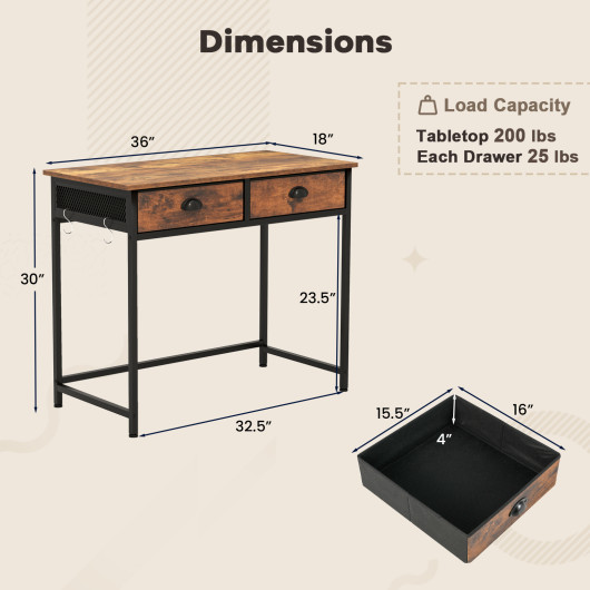 Rustic Brown Home Office Desk with Drawers and Hanging Hooks - Image 5